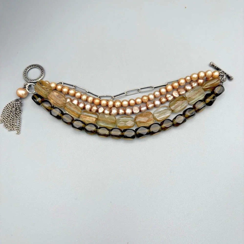SILPADA Copper Pearls 5 Strand Bracelet Sterling Sunstone Tassel 7